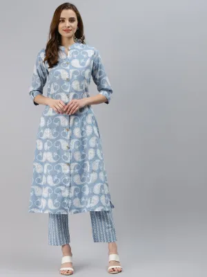 Women'S Skyblue Block Print Cotton A-Line Kurta With Pant Set