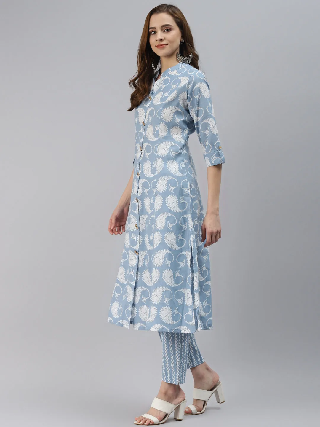 Women'S Skyblue Block Print Cotton A-Line Kurta With Pant Set
