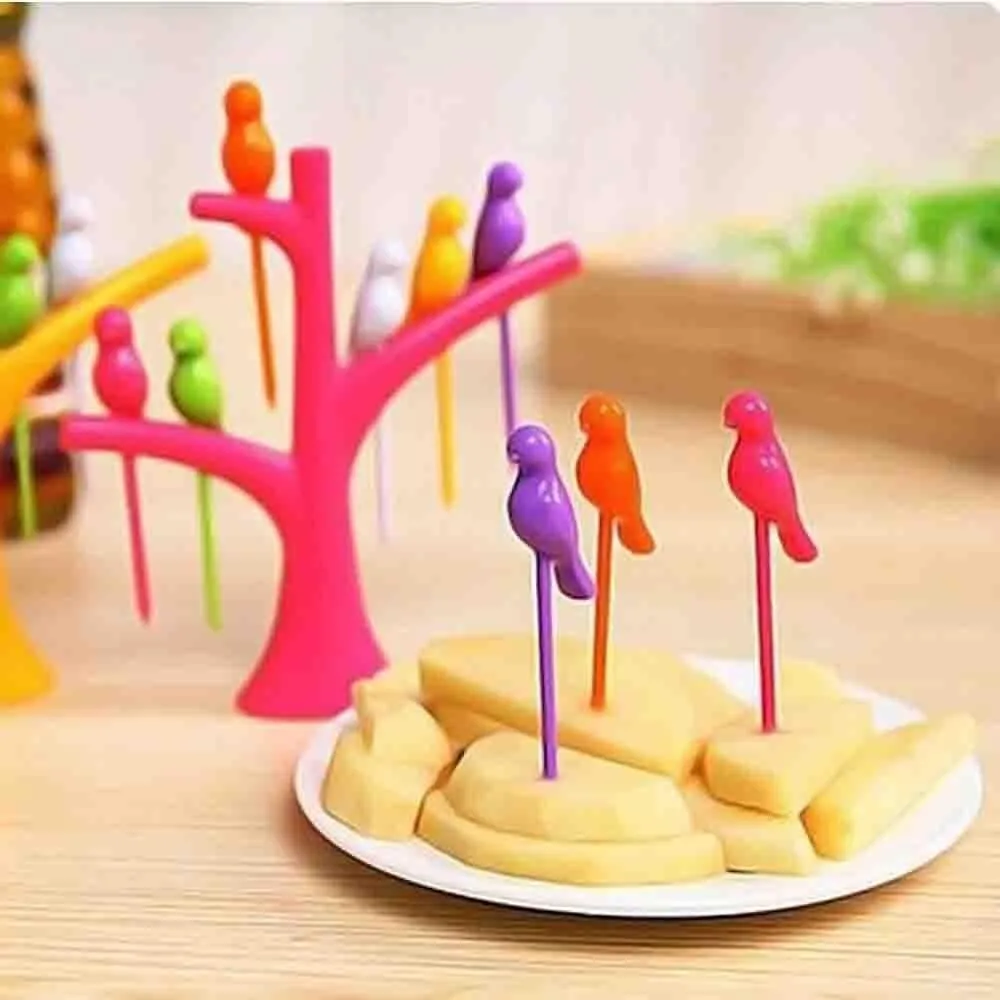 Your Brand Fancy Bird Table Fork with Stand for Eating Fruits - Pack of 6